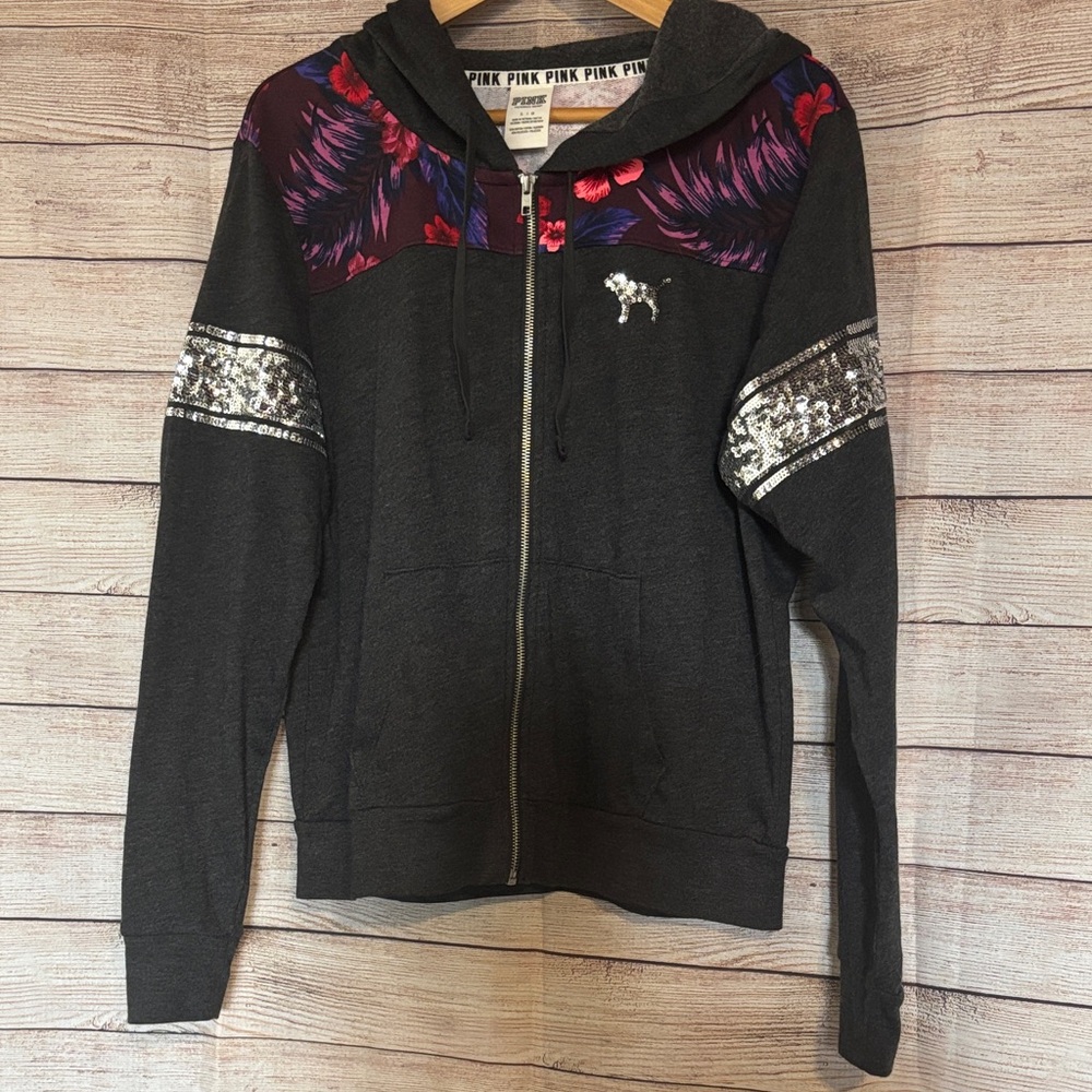VS PINK bling charcoal Gray Hoodie with tropical accents